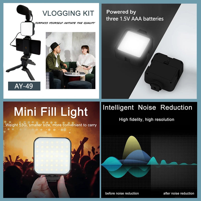 Professional Vlogging Kit (AY-49) with Mic, Light & Tripod